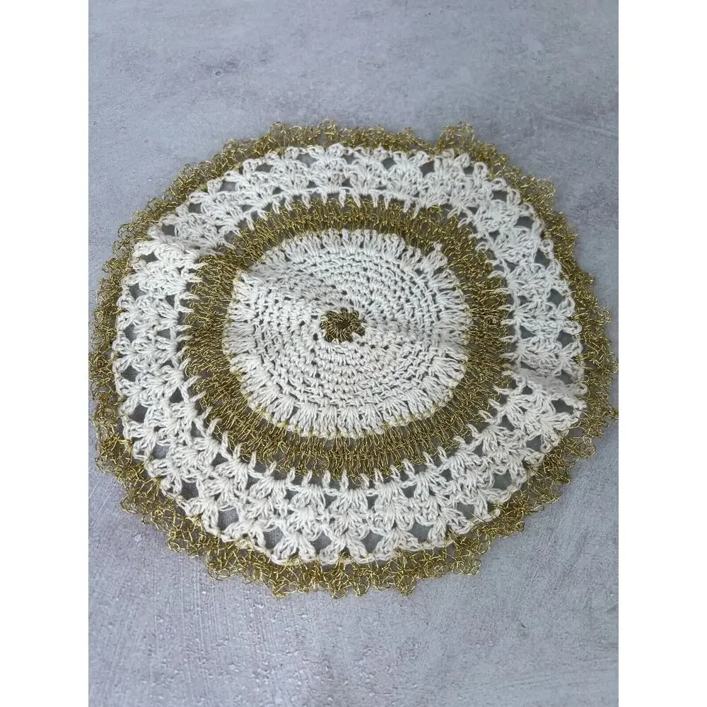 Vintage White & Gold Wire Handmade Round‎ Crochet Dining Table Doily - Lot of 2